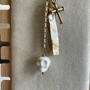 Gold and White Skull Pendant Necklace With Pearl Shell and Cross Charms Handmade